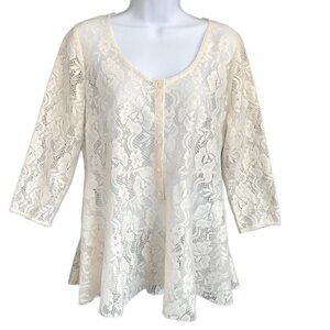 Free People Open Knit Sheer Floral Lace Tunic Top M Flowy Boho Cottagecore